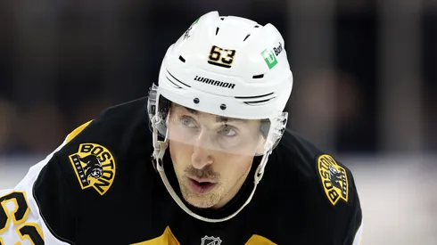 Brad Marchand #63 of the Boston Bruins looks on against the New York Rangers during the first period at Madison Square Garden on January 02, 2025 in New York City.