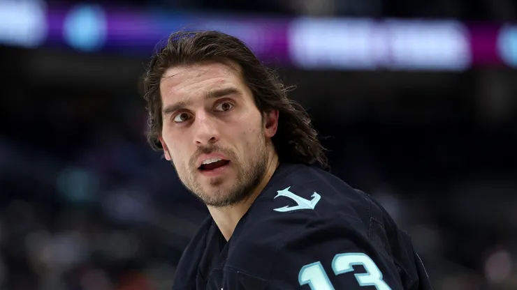 Brandon Tanev #13 of the Seattle Kraken warms up before the game against the Edmonton Oilers at Climate Pledge Arena on January 04, 2025 in Seattle, Washington.