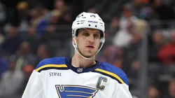 Brayden Schenn #10 of the St. Louis Blues looks on during the first period of a game against the Anaheim Ducks at Honda Center on April 07, 2024 in Anaheim, California.