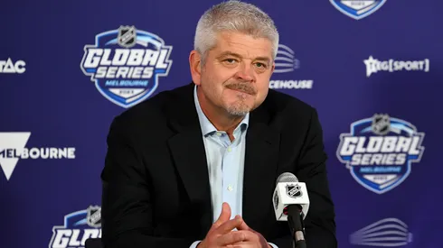 Head coach Todd McLellan of the Los Angeles Kings speaks during a press conference following the NHL Global Series match between Arizona Coyotes and Los Angeles Kings at Rod Laver Arena.