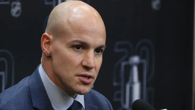 Head coach Spencer Carbery of the Washington Capitals speaks with the media prior to Game One of the First Round of the 2024 Stanley Cup Playoffs against the New York Rangers at Madison Square Garden on April 21, 2024 in New York City.