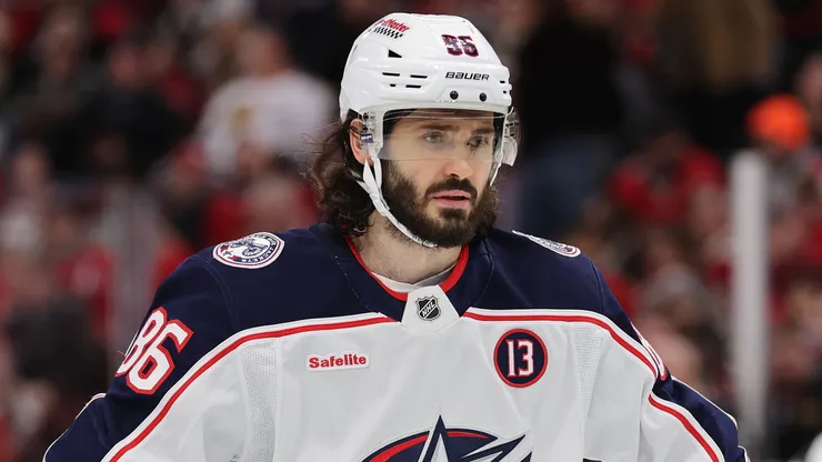 Kirill Marchenko #86 of the Columbus Blue Jackets looks on against the Chicago Blackhawks during the third period at the United Center on December 01, 2024 in Chicago, Illinois.