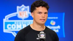 Dillon Gabriel #QB05 of Oregon speaks to the media during the 2025 NFL Scouting Combine at Lucas Oil Stadium on February 28, 2025 in Indianapolis, Indiana.