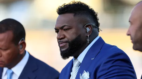 David Ortiz prepares to broadcast prior to Game Six of the National League Championship Series at Dodger Stadium on October 20, 2024 in Los Angeles, California.
