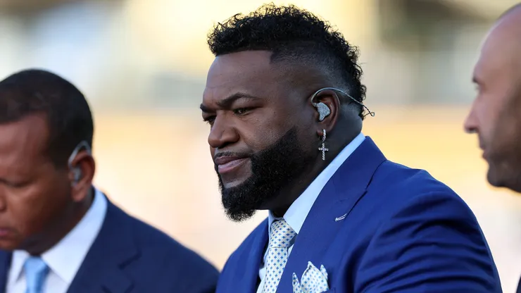 David Ortiz prepares to broadcast prior to Game Six of the National League Championship Series at Dodger Stadium on October 20, 2024 in Los Angeles, California.