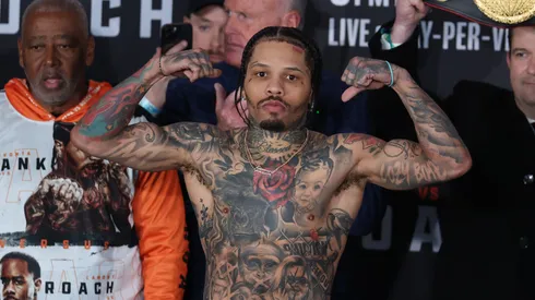 Gervonta Davis steps on the scale and poses at the weigh in defending his WBA lightweight title bout against Lamont Roach Jr.at Barclays Center on February 28, 2025 in New York City.