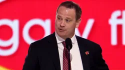 General manager Craig Conroy of the Calgary Flames announces the ninth overall pick during the first round of the 2024 Upper Deck NHL Draft at Sphere on June 28, 2024 in Las Vegas, Nevada.