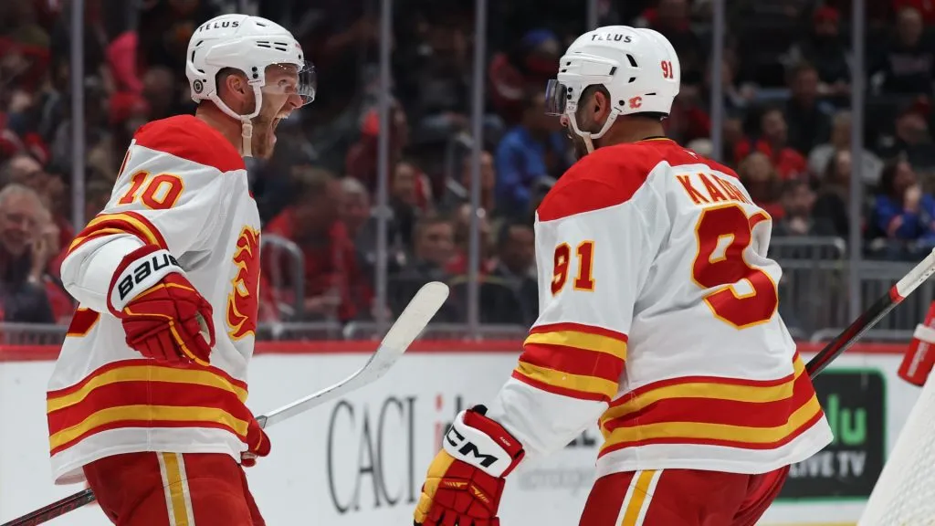 Jonathan Huberdeau #10 of the Calgary Flames celebrates after scoring a goal against the Washington Capitals during the third period at Capital One Arena on February 25, 2025 in Washington, DC. (Photo by Patrick Smith/Getty Images)
