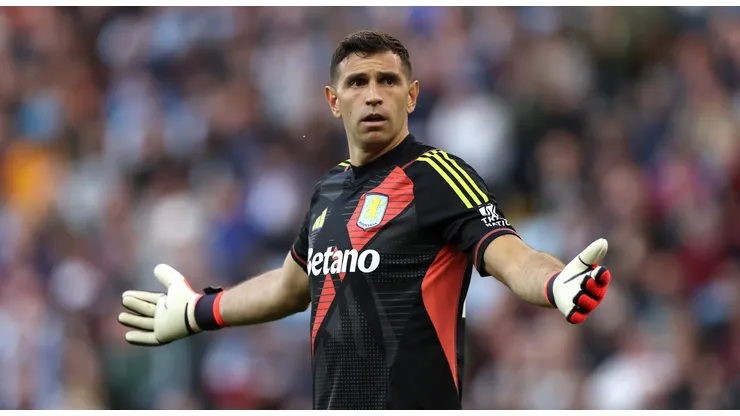 Emiliano Martinez of Aston Villa reacts during the Premier League match between Aston Villa FC and Everton FC at Villa Park on September 14, 2024 in Birmingham, England.