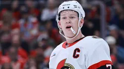 Brady Tkachuk of the Ottawa Senators looks on against the Florida Panthers during the first period at Amerant Bank Arena on February 08, 2025 in Sunrise, Florida.