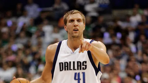 Dirk Nowitzki #41 of the Dallas Mavericks points for a timeout against the Golden State Warriors