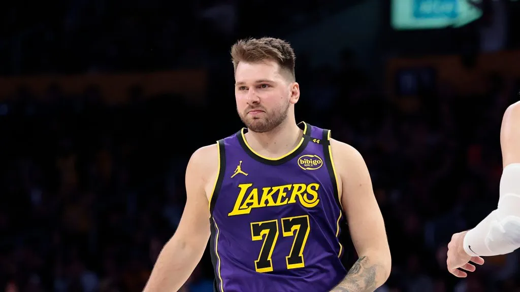 Luka Doncic #77 of the Los Angeles Lakers after making a three-point shot against the LA Clippers
