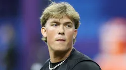 Jaxson Dart participates in a drill during the NFL Scouting Combine on March 01, 2025 in Indianapolis, Indiana.