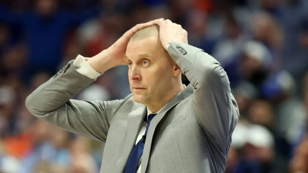 Mark Pope the head coach of the Kentucky Wildcats reacts to a turnover during the 94-78 loss to the Auburn Tigers at Rupp Arena on March 01, 2025 in Lexington, Kentucky.