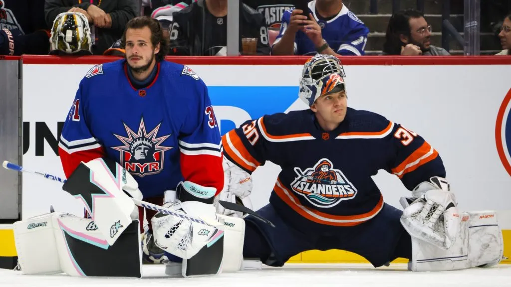 Igor Shesterkin #31 of the New York Rangers and Ilya Sorokin #30 of the New York Islanders warm up prior to the Discover NHL Tendy Tandem during the 2023 NHL All-Star Skills Competition at FLA Live Arena on February 03, 2023 in Sunrise, Florida.