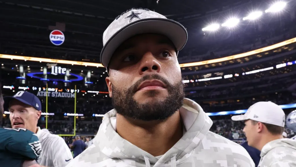 Dak Prescott #4 of the Dallas Cowboys walks the field after the game against the Philadelphia Eagles at AT&amp;T Stadium on November 10, 2024 in Arlington, Texas.