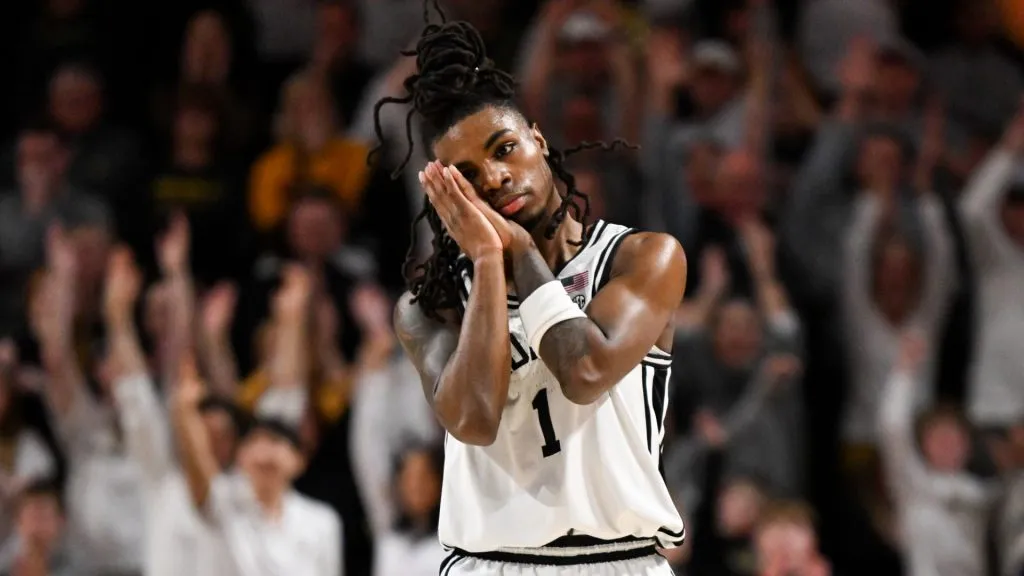 Jason Edwards #1 of the Vanderbilt Commodores reacts to his three pointer against the Missouri Tigers in overtime at Vanderbilt University Memorial Gymnasium on March 1, 2025 in Nashville, Tennessee.