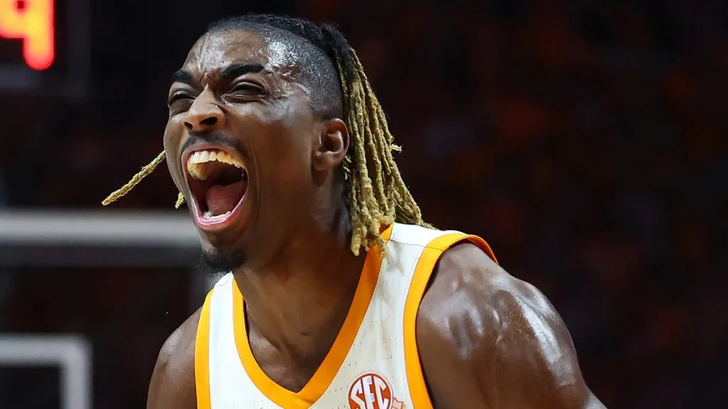 Jahmai Mashack #15 of the Tennessee Volunteers reacts after a defensive stop during the first half against the Alabama Crimson Tide at Thompson-Boling Arena on March 01, 2025 in Knoxville, Tennessee.