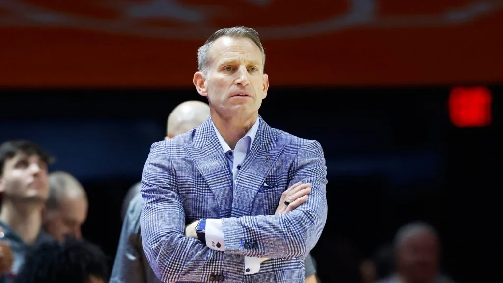 Head Coach Nate Oats of the Alabama Crimson Tide looks on during the first half against the Tennessee Volunteers at Thompson-Boling Arena on March 01, 2025 in Knoxville, Tennessee.