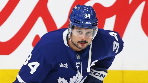 Auston Matthews #34 of the Toronto Maple Leafs warms up prior to playing against the Carolina Hurricanes in an NHL game at Scotiabank Arena on February 22, 2025 in Toronto, Ontario, Canada.