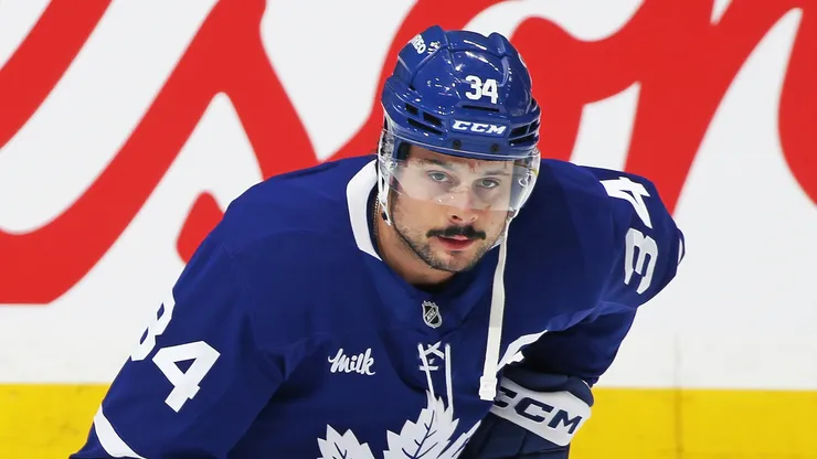 Auston Matthews #34 of the Toronto Maple Leafs warms up prior to playing against the Carolina Hurricanes in an NHL game at Scotiabank Arena on February 22, 2025 in Toronto, Ontario, Canada.