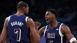 Kevin Durant #7 and Anthony Edwards #5 of Team United States high five during the first half of the Men's Group Phase - Group C game between Serbia and the United States on day two of the Olympic Games Paris 2024 at Stade Pierre Mauroy on July 28, 2024 in Lille, France.