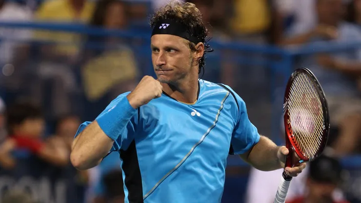 David Nalbandian of Argentina celebrates after defeating Marin Cilic of Croatia 6-2,6-2 during their semifinal match on day 6 of the Legg Mason Tennis Classic.
