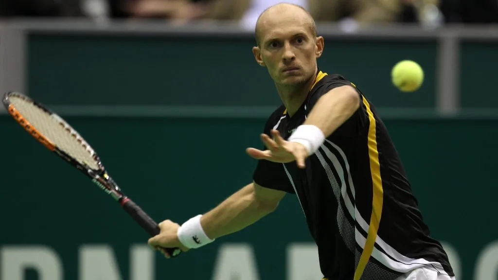 Nikolay Davydenko of Russia in action in his match against Jurgen Melzer of Austria during day five of the ABN AMBRO World Tennis Tournament on February 12, 2010. (Source: Julian Finney/Getty Images)
