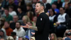 Head coach JJ Redick of the Los Angeles Lakers directs his team against the Denver Nuggets in the first quarter at Ball Arena on February 22, 2025 in Denver, Colorado.