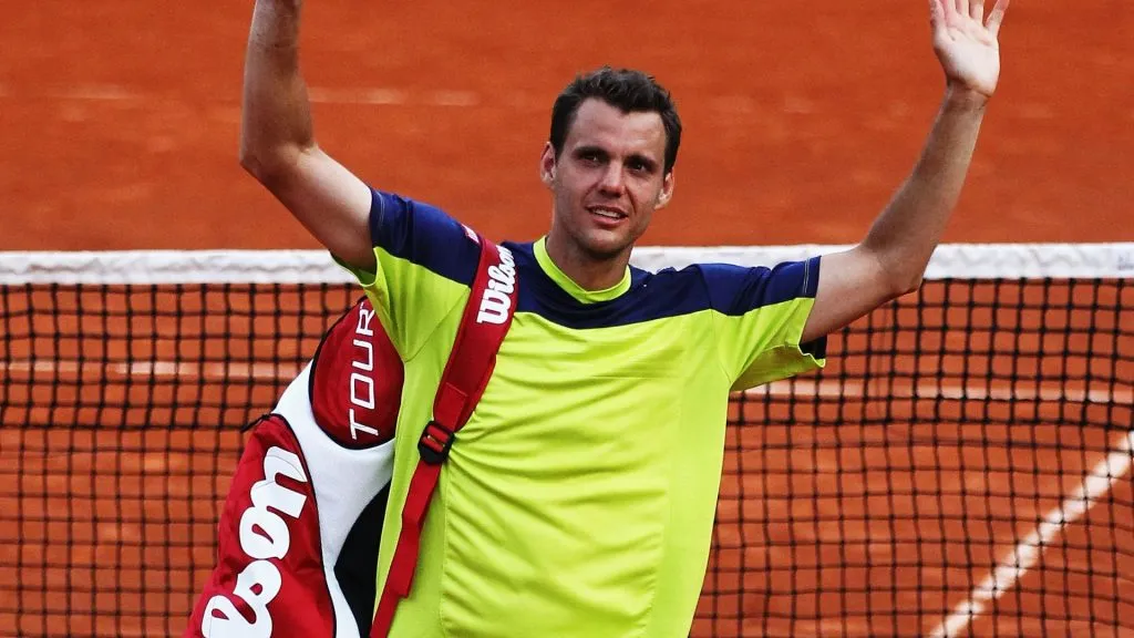 Paul-Henri Mathieu of France celebrates victory in his men’s singles second round match against John Isner of USA during day 5 of the French Open in 2012. (Source: Matthew Stockman/Getty Images)