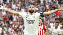 Karim Benzema of Real Madrid celebrates after scoring the team's first goal from a penalty kick during the LaLiga Santander match between Real Madrid CF and Athletic Club at Estadio Santiago Bernabeu on June 04, 2023 in Madrid, Spain.