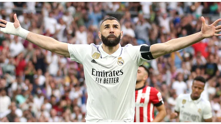 Karim Benzema of Real Madrid celebrates after scoring the team's first goal from a penalty kick during the LaLiga Santander match between Real Madrid CF and Athletic Club at Estadio Santiago Bernabeu on June 04, 2023 in Madrid, Spain.