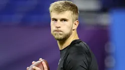 Tyler Shough #QB14 of Louisville participates in a drill during the NFL Scouting Combine at Lucas Oil Stadium on March 01, 2025 in Indianapolis, Indiana.