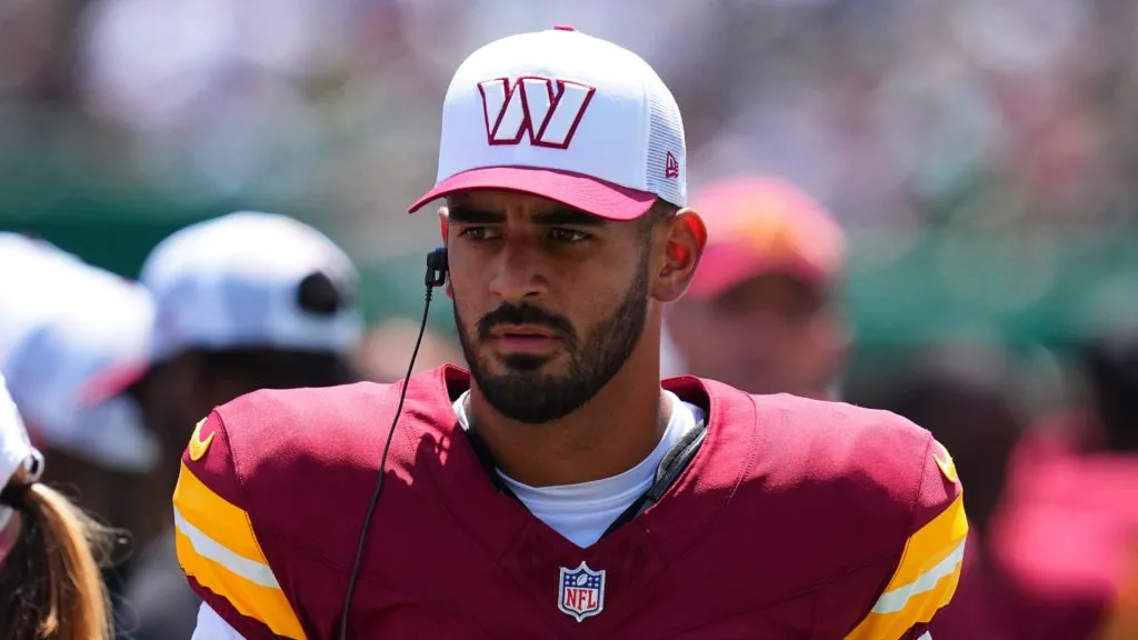 Marcus Mariota #0 of the Washington Commanders looks on against the New York Jets in the first half of the preseason game against at MetLife Stadium on August 10, 2024 in East Rutherford, New Jersey. The Jets defeated the Commanders 20-17.