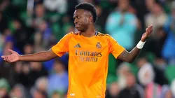 Vinicius Junior of Real Madrid reacts during the LaLiga match between Real Betis Balompie and Real Madrid CF at Estadio Benito Villamarin on March 01, 2025 in Seville, Spain.