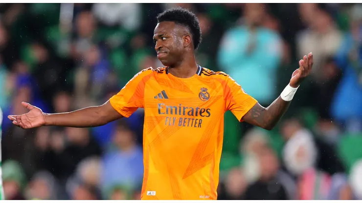 Vinicius Junior of Real Madrid reacts during the LaLiga match between Real Betis Balompie and Real Madrid CF at Estadio Benito Villamarin on March 01, 2025 in Seville, Spain.