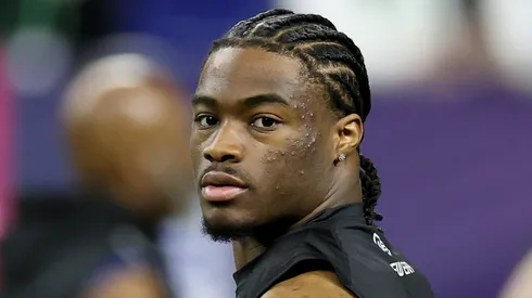 Jalen Milroe #QB11 of Alabama participates in a drill during the NFL Scouting Combine at Lucas Oil Stadium on March 01, 2025 in Indianapolis, Indiana.