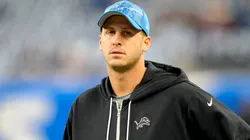 Jared Goff #16 of the Detroit Lions looks on during the warmups before the preseason game against the Jacksonville Jaguars at Ford Field on August 19, 2023 in Detroit, Michigan.
