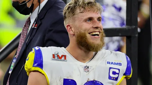 Cooper Kupp #10 and Matthew Stafford #9 of the Los Angeles Rams celebrate after Super Bowl LVI at SoFi Stadium on February 13, 2022 in Inglewood, California. The Los Angeles Rams defeated the Cincinnati Bengals 23-20.