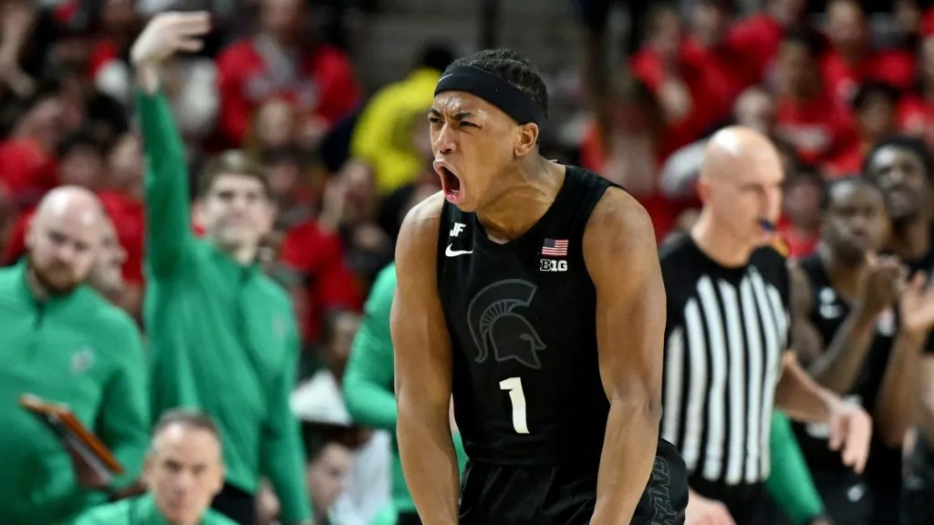 Jeremy Fears Jr. #1 of the Michigan State Spartans celebrates after scoring in the second half against the Maryland Terrapins at Xfinity Center on February 26, 2025 in College Park, Maryland.