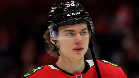 Connor Bedard #98 of the Chicago Blackhawks looks on before the game against the Vegas Golden Knights at the United Center on January 18, 2025 in Chicago, Illinois.