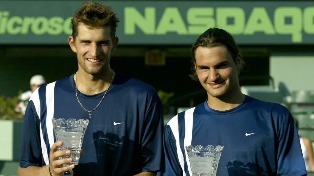 Mirny and Federer celebrate the 2003 Miami Open title (Clive Brunskill/Getty Images)