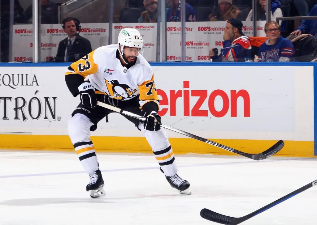 ELMONT, NEW YORK – DECEMBER 28: P.O Joseph #73 of the Pittsburgh Penguins skates against the New York Islanders at UBS Arena on December 28, 2024 in Elmont, New York. (Photo by Bruce Bennett/Getty Images)