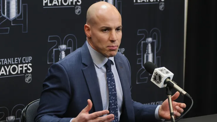 Head coach Spencer Carbery of the Washington Capitals speaks with the media prior to Game One of the First Round of the 2024 Stanley Cup Playoffs against the New York Rangers at Madison Square Garden on April 21, 2024 in New York City.