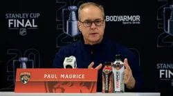 Head coach Paul Maurice of the Florida Panthers speaks to the media during Media Day prior to the 2024 Stanley Cup Final at Amerant Bank Arena on June 07, 2024 in Sunrise, Florida.