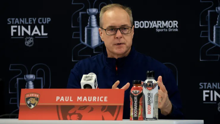 Head coach Paul Maurice of the Florida Panthers speaks to the media during Media Day prior to the 2024 Stanley Cup Final at Amerant Bank Arena on June 07, 2024 in Sunrise, Florida.
