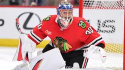 Spencer Knight #30 of the Chicago Blackhawks tends the net against the Los Angeles Kings during the third period at the United Center on March 03, 2025 in Chicago, Illinois.