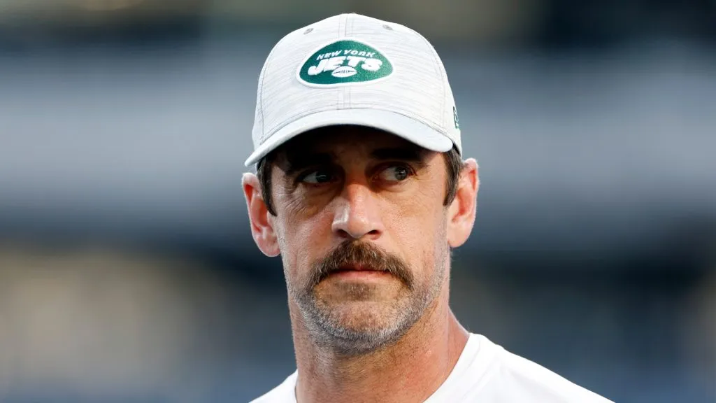 Aaron Rodgers #8 of the New York Jets looks on during warmups before the first half of a preseason game against the Tampa Bay Buccaneers at MetLife Stadium on August 19, 2023 in East Rutherford, New Jersey.