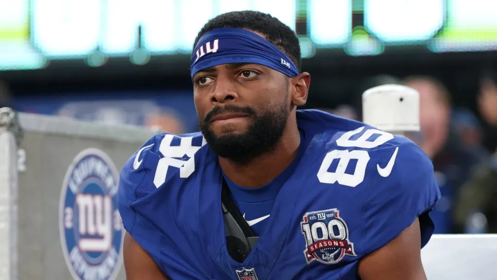Darius Slayton #86 of the New York Giants reacts after the game against the New Orleans Saints at MetLife Stadium on December 08, 2024 in East Rutherford, New Jersey.