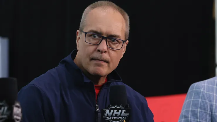 Head coach Paul Maurice of the Florida Panthers speaks with the media during Media Day for the 2023 NHL Stanley Cup Final between the Panthers and the Golden Knights in 2023.